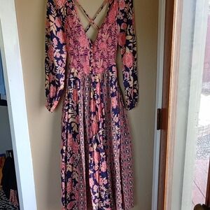 Free People Full Long Maxi Boho Long Sleeve Button Up Corset Style Dress Size XS